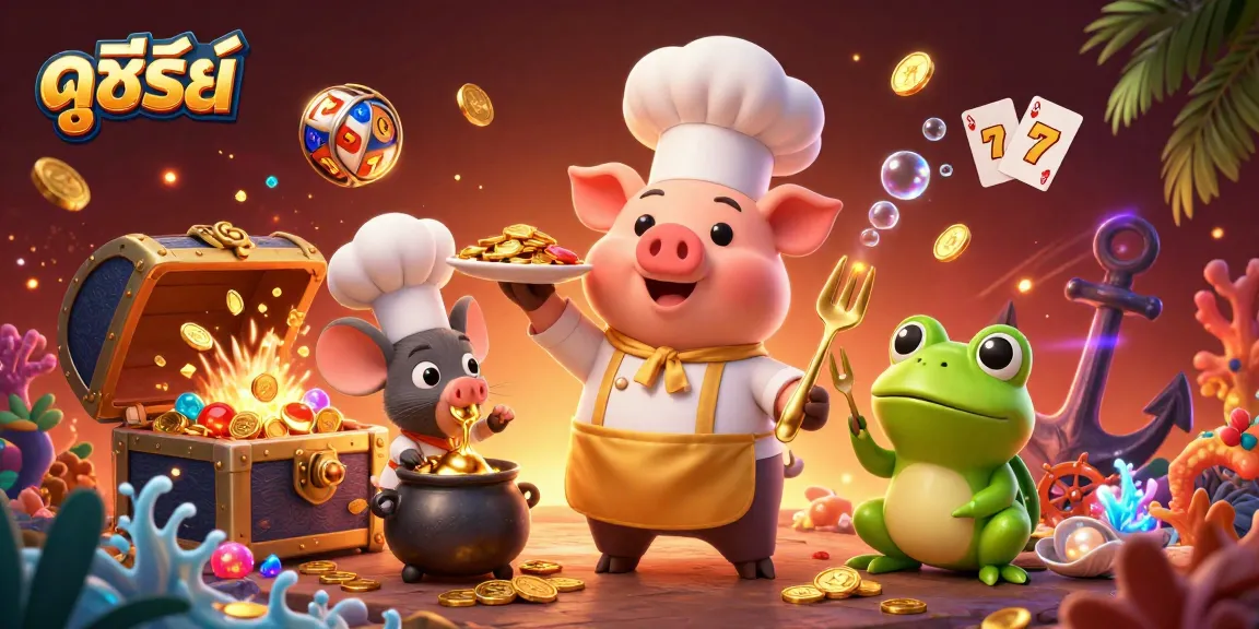 Experience ดูซีรี่ย์ as a playful chef pig serves gold coins, surrounded by casino elements.