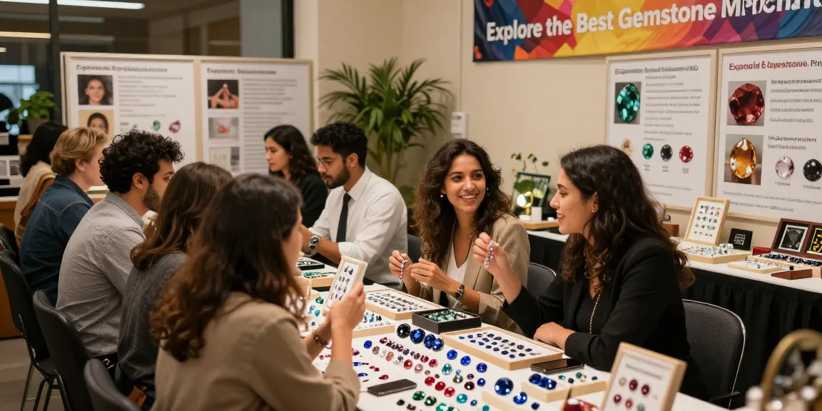 Explore the best gemstone merchants at My Gem Spot, showcasing diverse buyers interacting with quality stones in a vibrant marketplace.