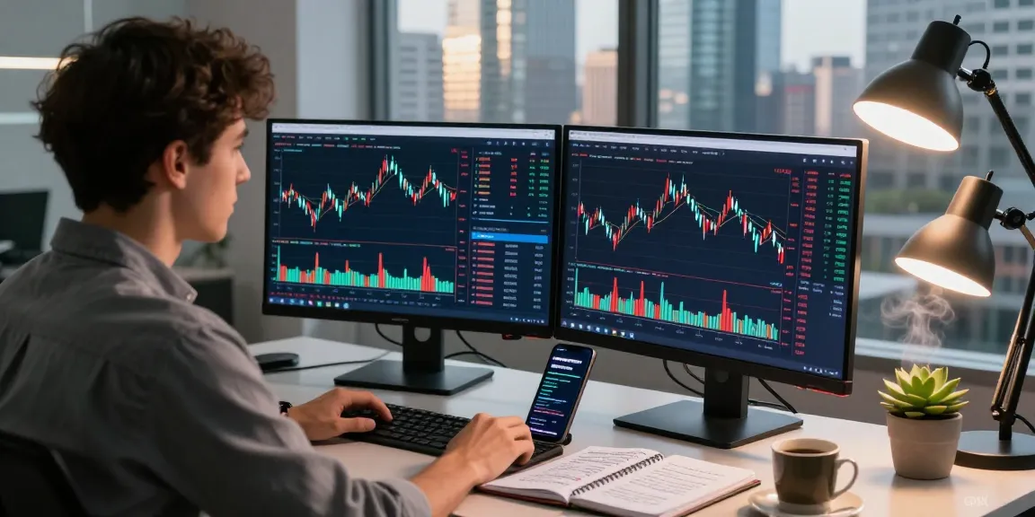 Trader examining OKX crypto exchange reviews on dual monitors, vibrant trading environment showcasing market analysis.