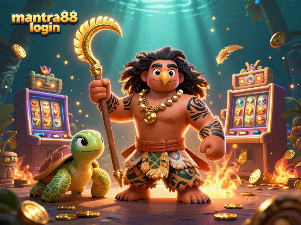 Engage with mantra88 login for thrilling slot action featuring a vibrant 3D demigod scene.