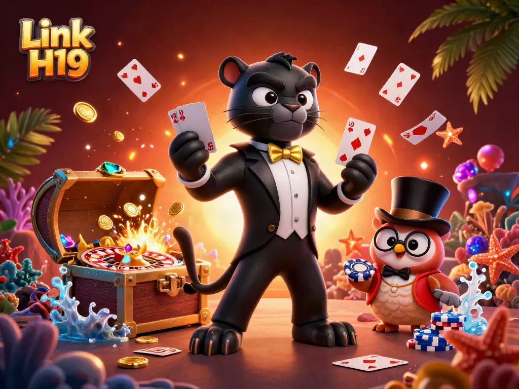Experience the thrilling atmosphere of Link H19 with a stylish panther dealing cards amid vibrant casino elements.