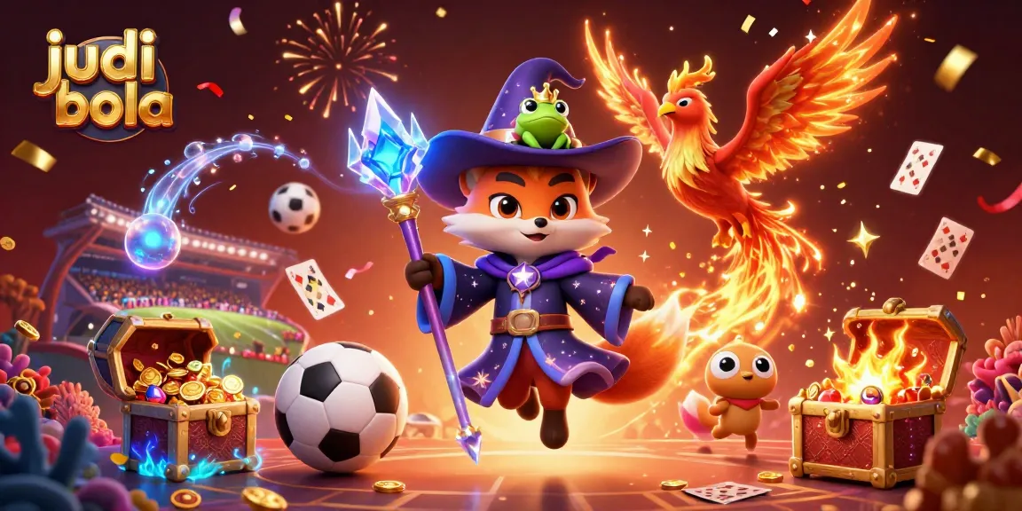 Experience thrilling judi bola action with illustrated scenes of wizardry and sports betting excitement.