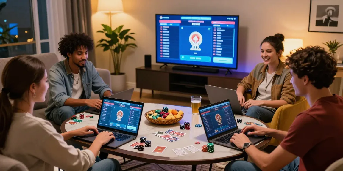 Players engaging in Poker Idn Terpercaya online tournament in a lively living room setting.