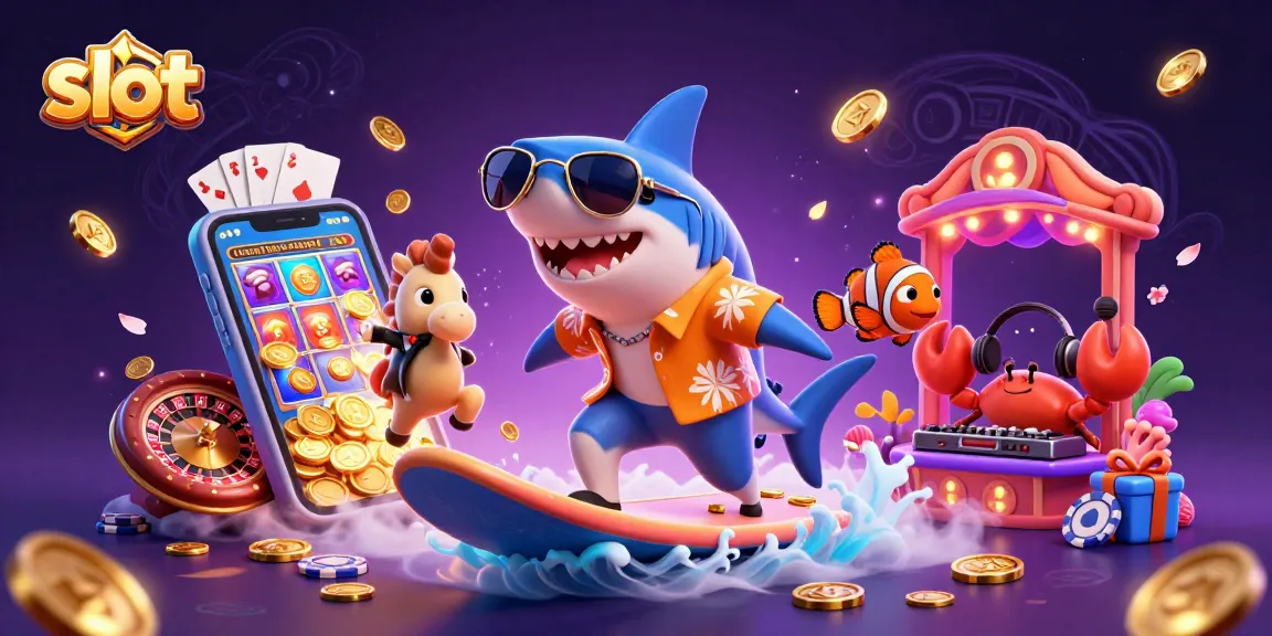 Slot menarik dengan hiu kartun dan elemen kasino berwarna-warni dalam ilustrasi 3D.