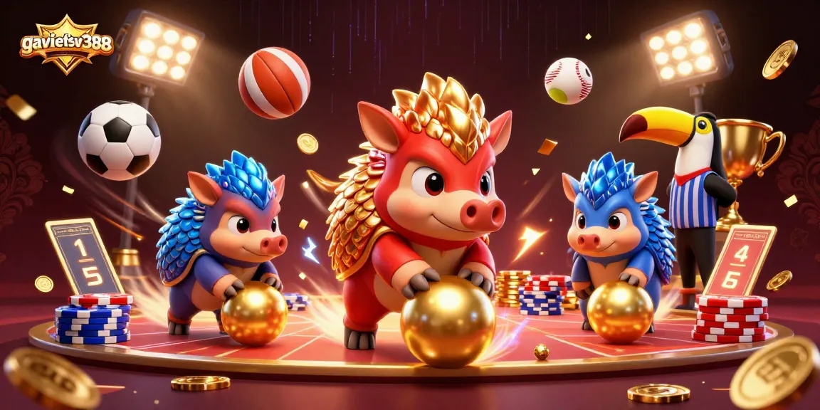 Experience intense gaming action with gavietsv388's cartoon pangolins and vibrant casino elements.