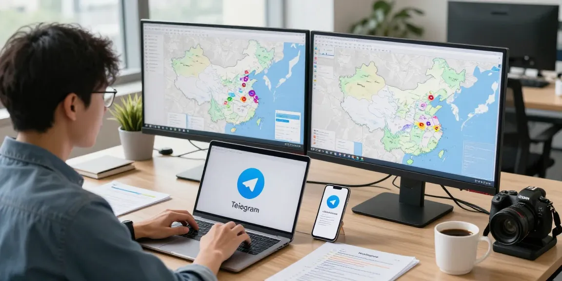 Young professional demonstrating telegram china usage via VPN in modern office setup