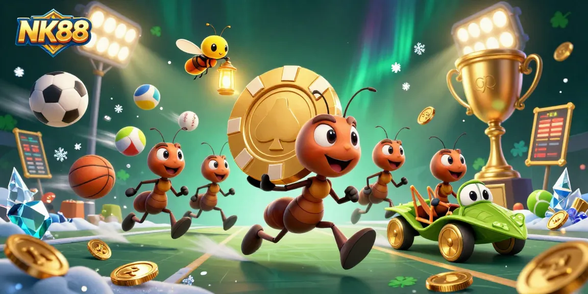 NK88 ants on a heist with a giant poker chip, dynamic sports elements, and vibrant casino theme.