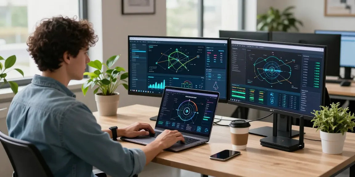 快连 network optimization workspace with developer using multiple screens and stylish tech