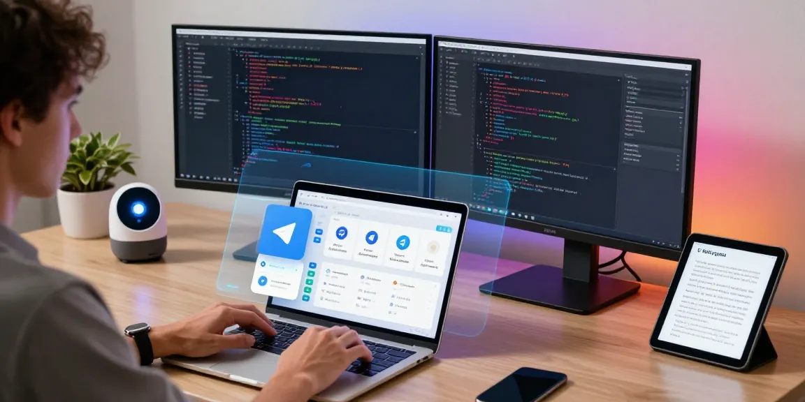 Person coding on a laptop in a modern workspace, showcasing features of 纸飞机中文版 with tech gadgets.