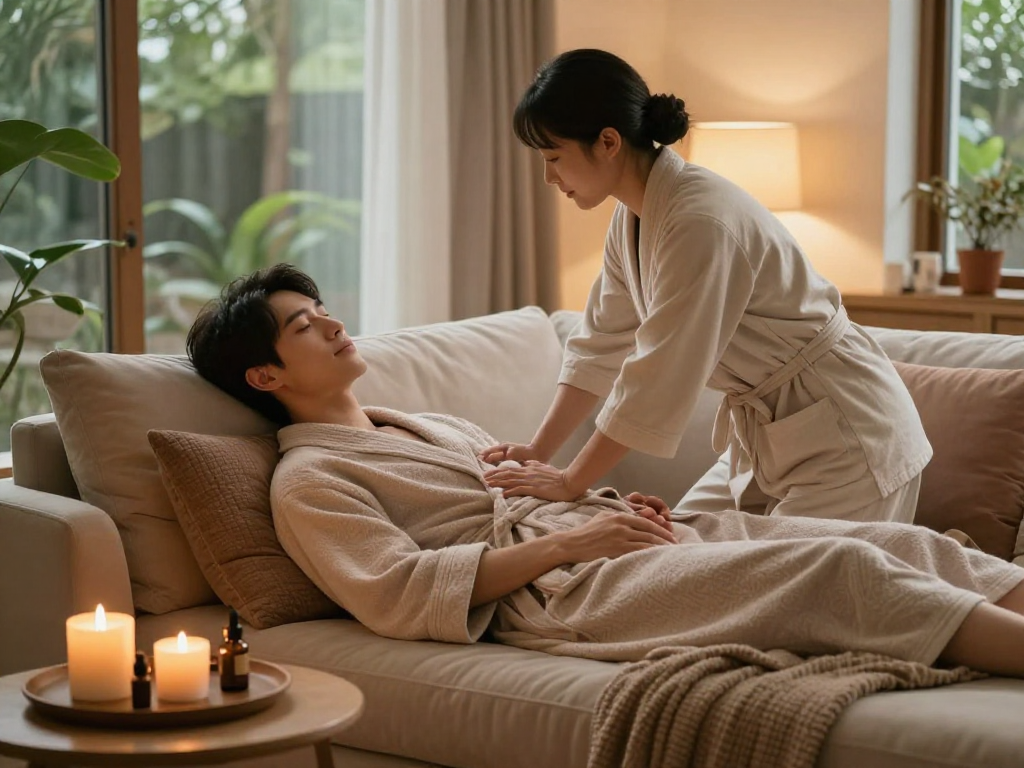 Relaxing scene of a 출장마사지 at home with soft lighting and comfortable decor.