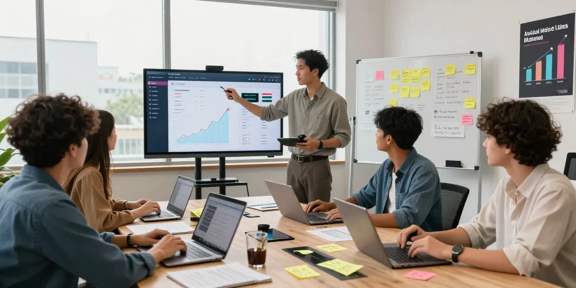 Marketing team strategizing to buy likes on TikTok for enhanced engagement in a vibrant office.