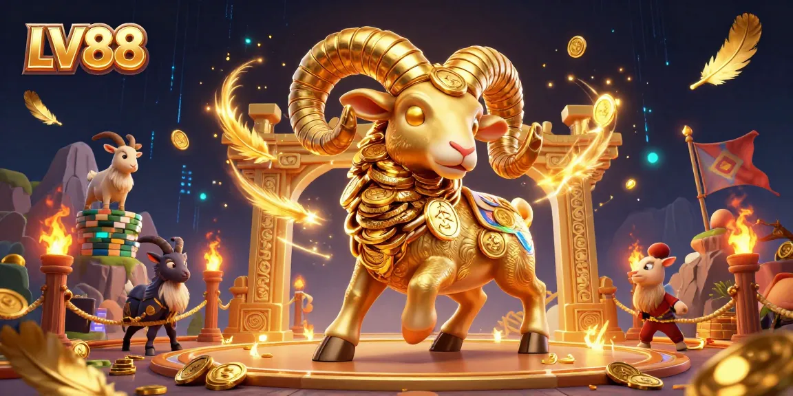 Engage in thrilling gaming at LV88 with a colorful, 3D casino scene featuring a golden charging ram.