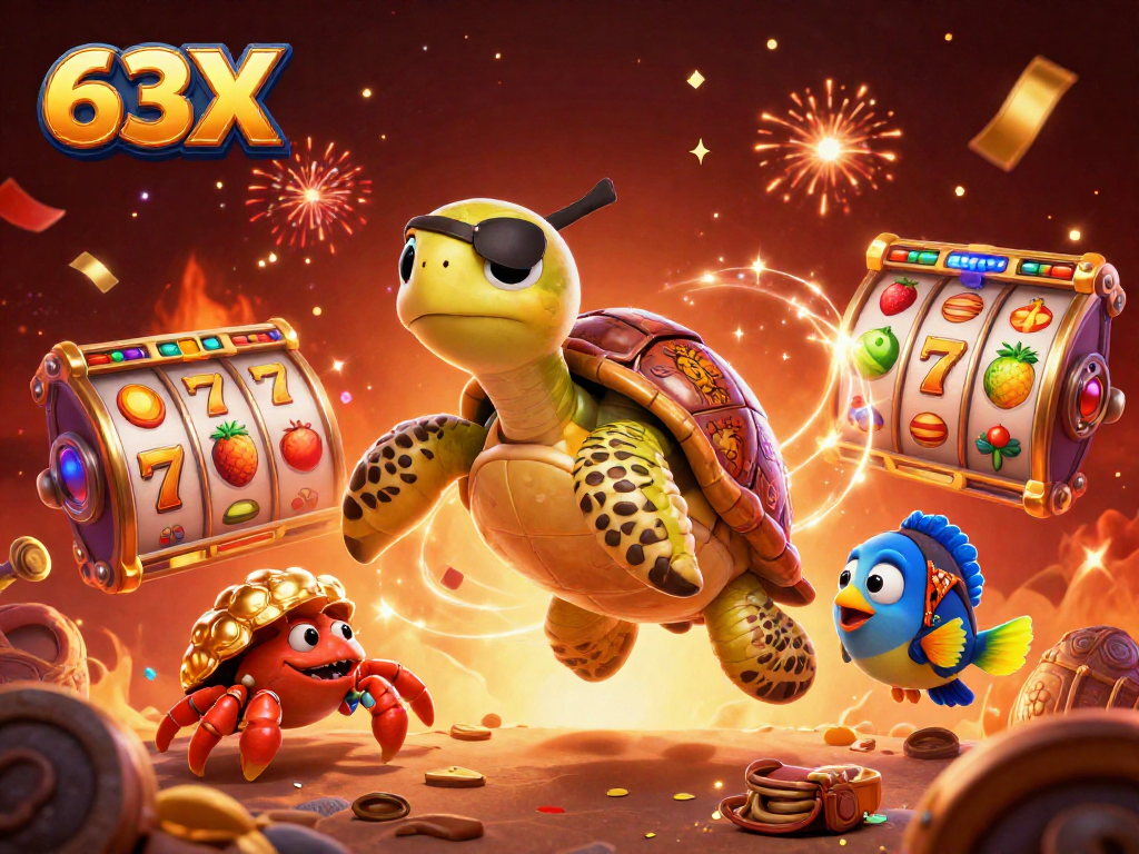 Turtle pirata e caranguejo de ouro celebrando no cassino 63X, rodeados de símbolos vibrantes e diversão.