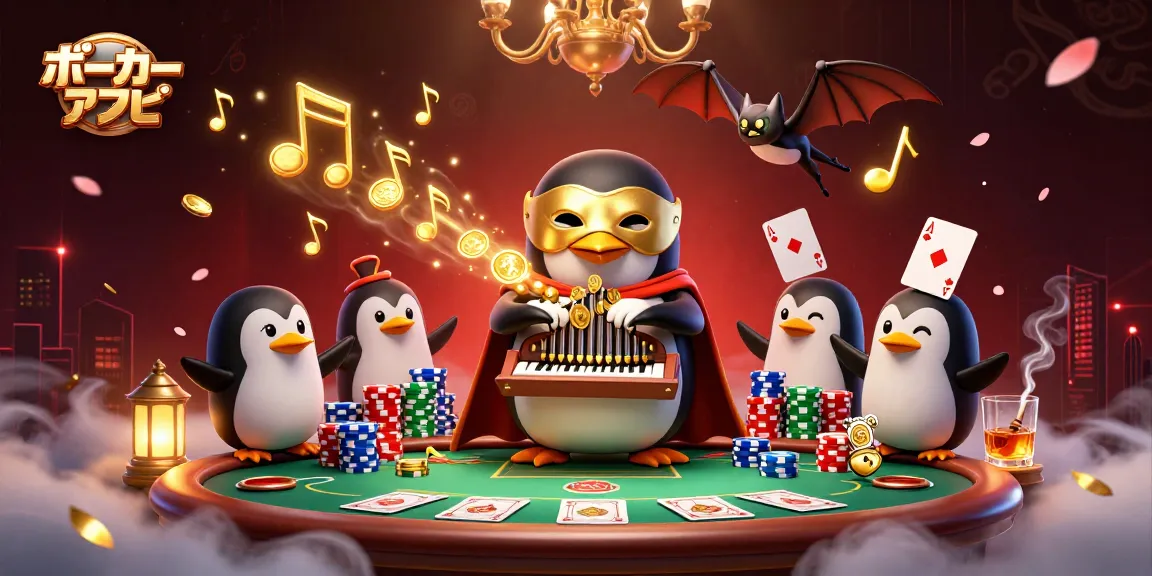 ポーカーアプリで競技中のペンギンが登場し、華やかなポーカーテーブルでプレイする様子