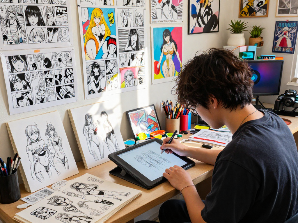 Explore the artistic process at https://hitomi-mangaraw01.com/ with a vibrant manga artist's studio scene showcasing creative energy.