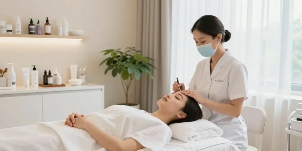 Augenringe entfernen Behandlung in einem modernen Wellnessstudio mit entspannter Atmosphäre.