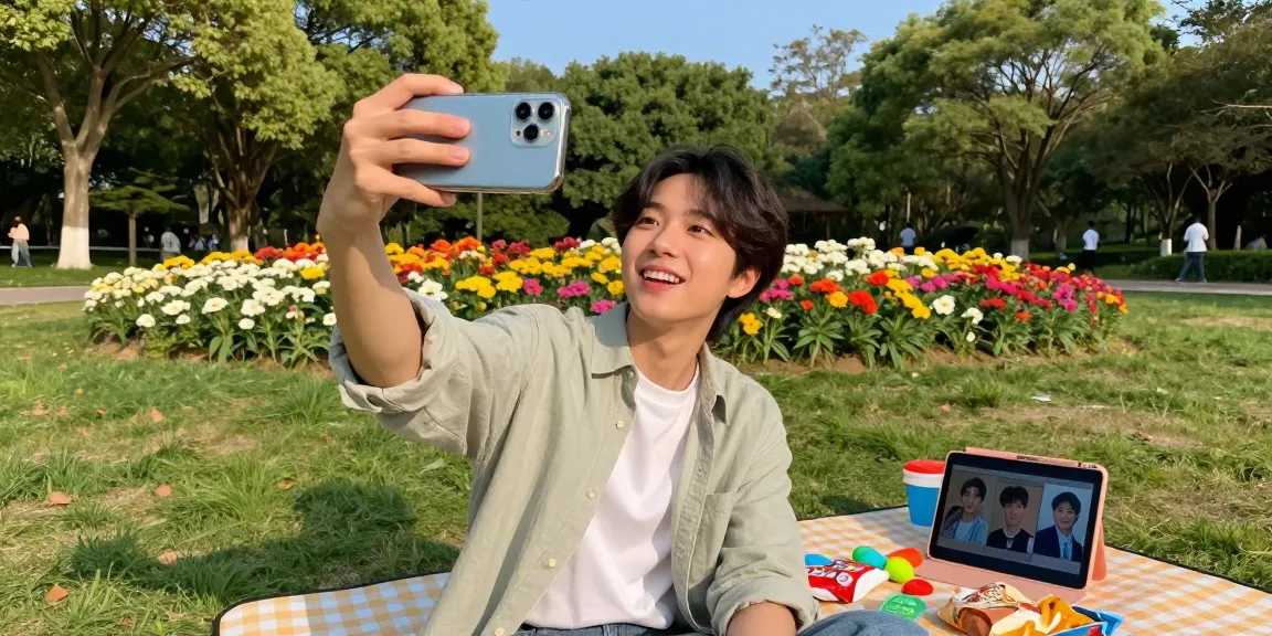 Person taking a selfie in a park to discover which celebrities they look like using AI face identifier.