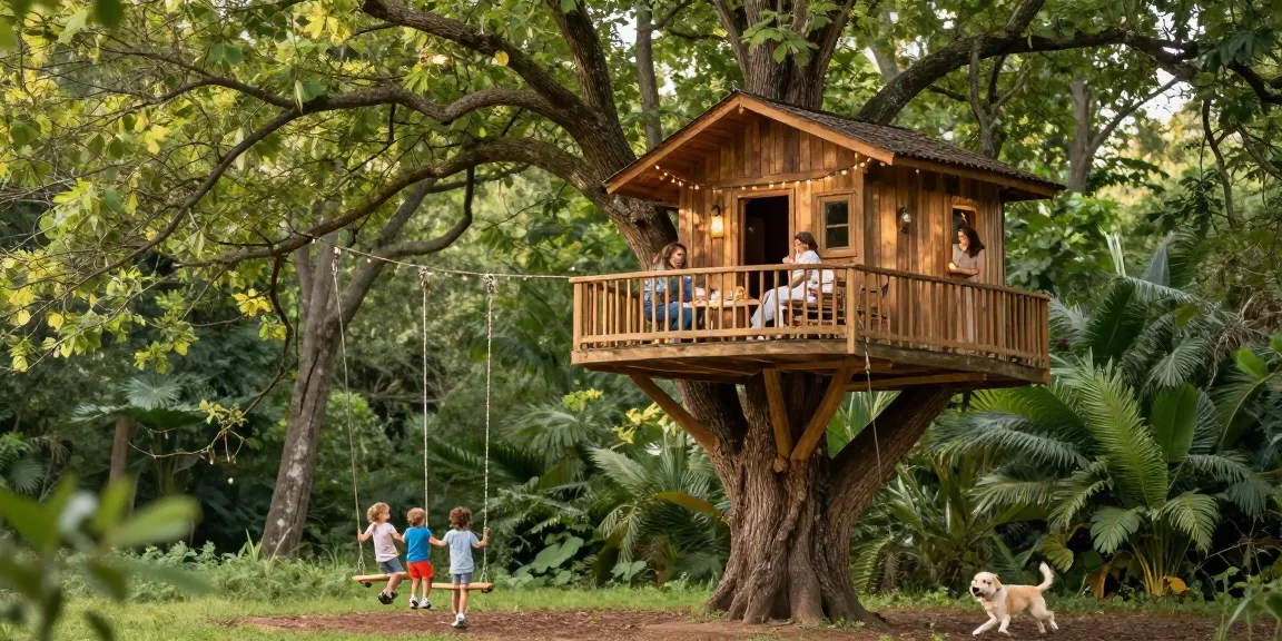 Treehouses with family enjoying a picnic in a serene forest setting, surrounded by nature.