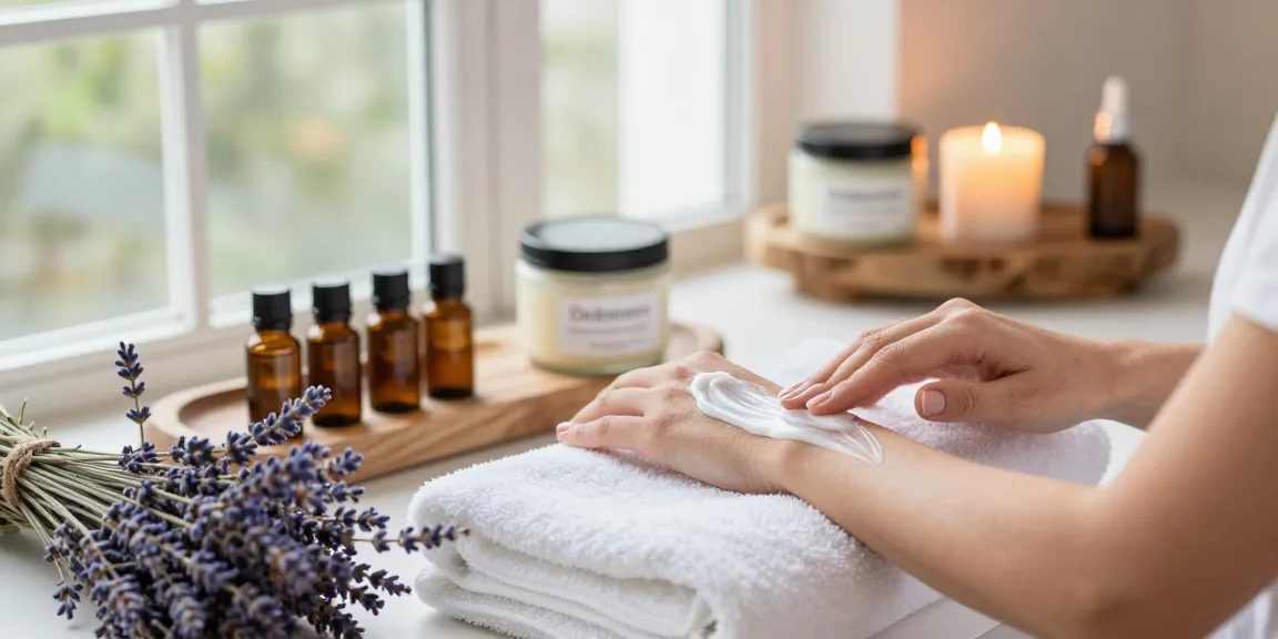 De stress Whipped Body Butter application in a serene spa setting with lavender and candles.