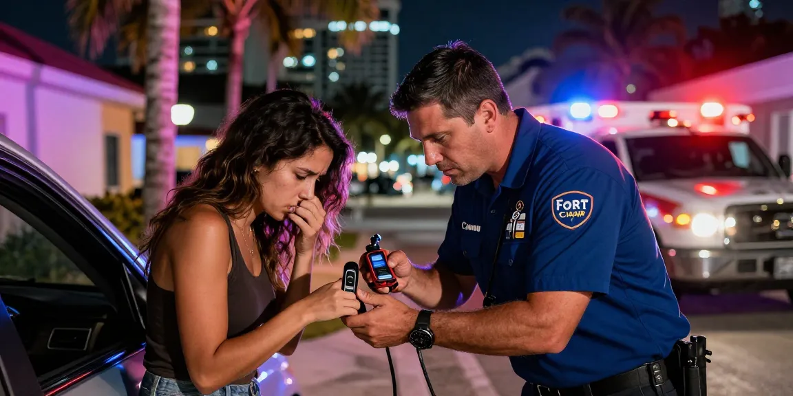24 hour locksmith Fort Lauderdale helps a customer with a car lockout under bright city lights.