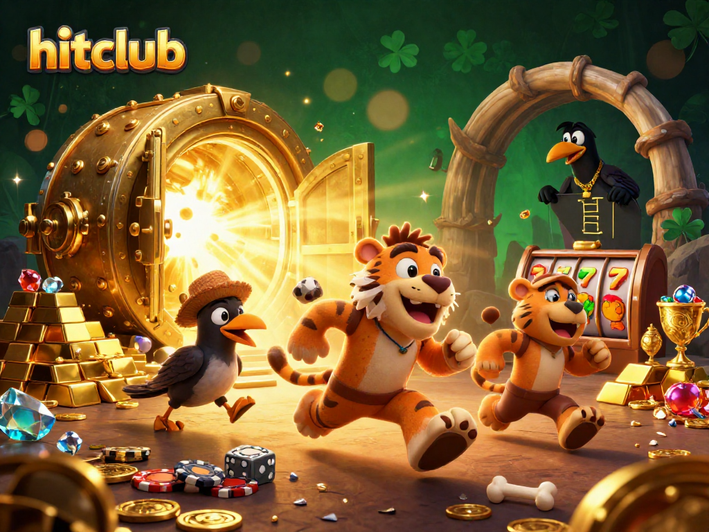 hitclub's vibrant casino scene with a caveman, sabertooth tiger, and crow amidst shimmering treasures and slot elements.