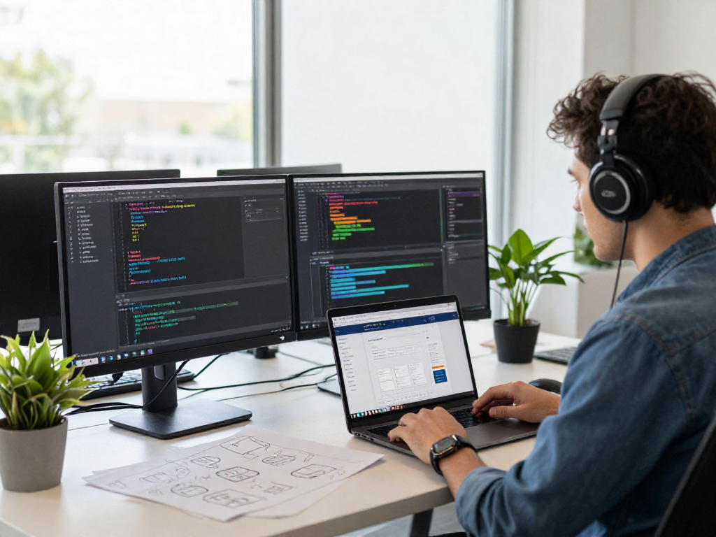 Software engineer coding on dual monitors at a tech office featuring net88 app design elements.