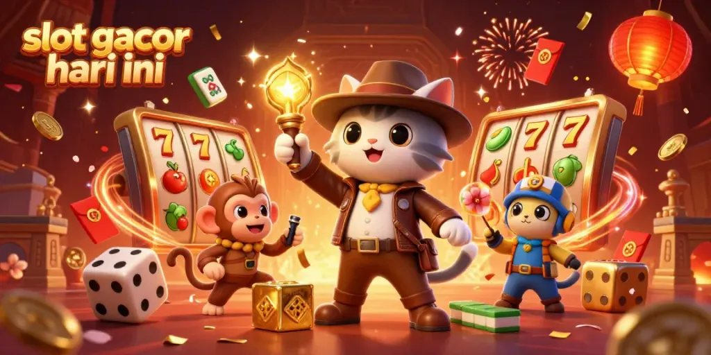 Slot gacor hari ini menampilkan karakter kartun kucing yang menemukan artefak kasino emas dikelilingi slot reel dan koin keberuntungan.