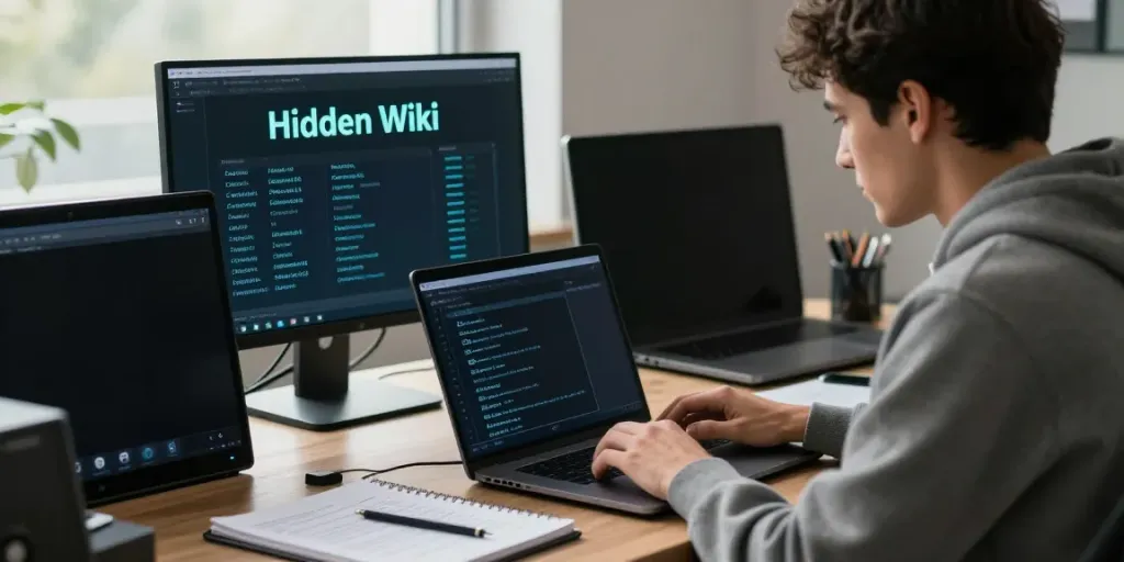Tech-savvy individual exploring hidden wiki links on a laptop screen