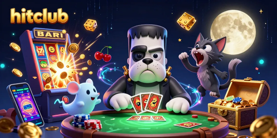 Hitclub players enjoy an exciting card game scene with a fun Frankenstein bulldog dealer and jackpot action.