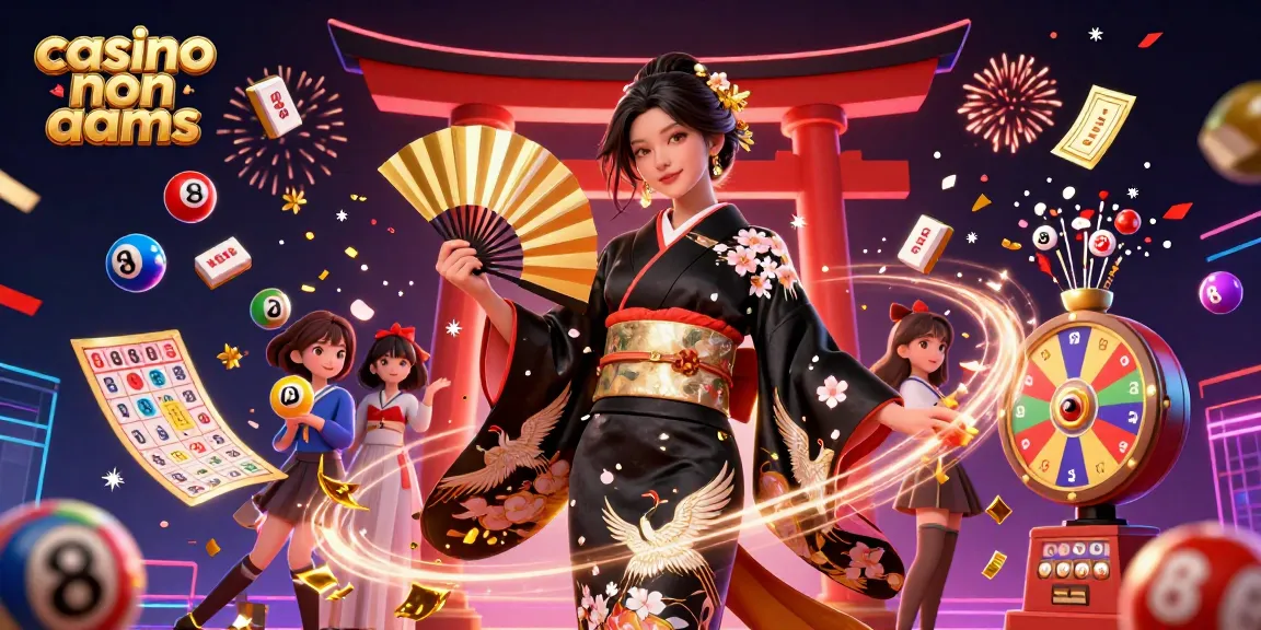 Vivi l'emozione dei casino non AAMS con elementi festivi della lotteria e una bellissima illustrazione di personaggi asiatici.