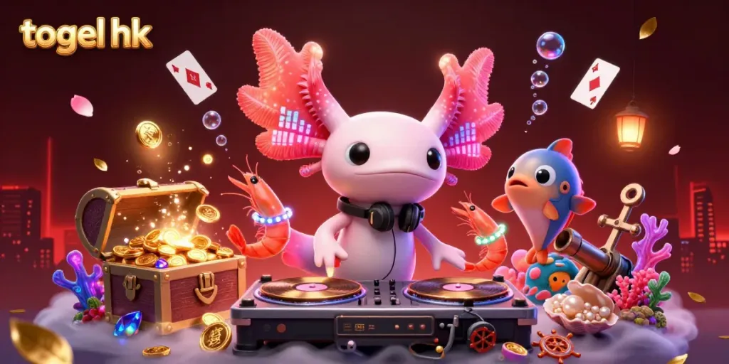 Gambarkan togel hk dengan DJ axolotl neon di belakang lautan yang penuh harta karun dan keajaiban.