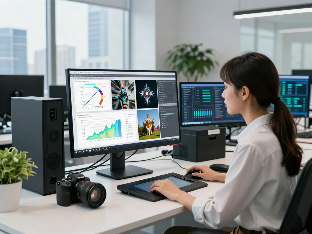 AI-Generated Image Detection analysis in a modern office with data visuals.