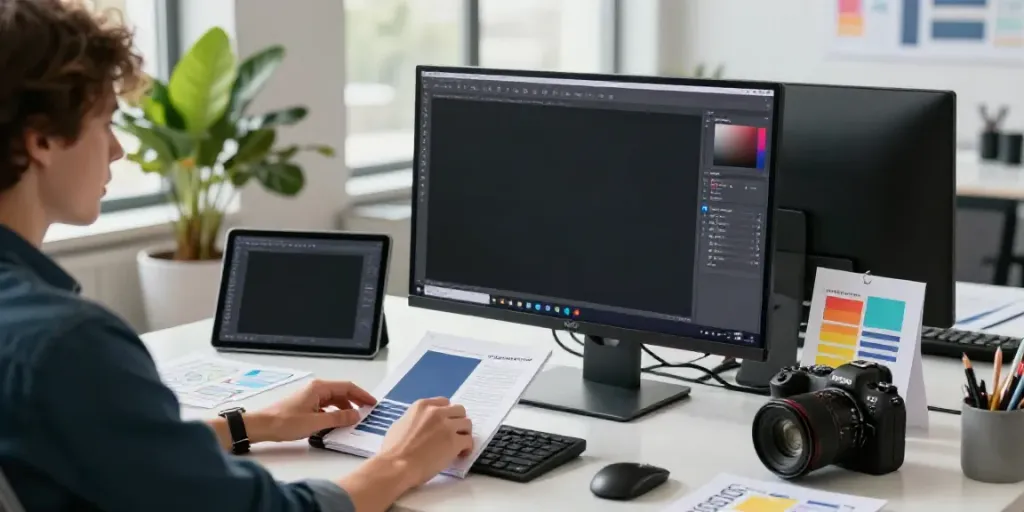 Illustration of how to use an AI cover image generator in a modern design workspace with a graphic designer.
