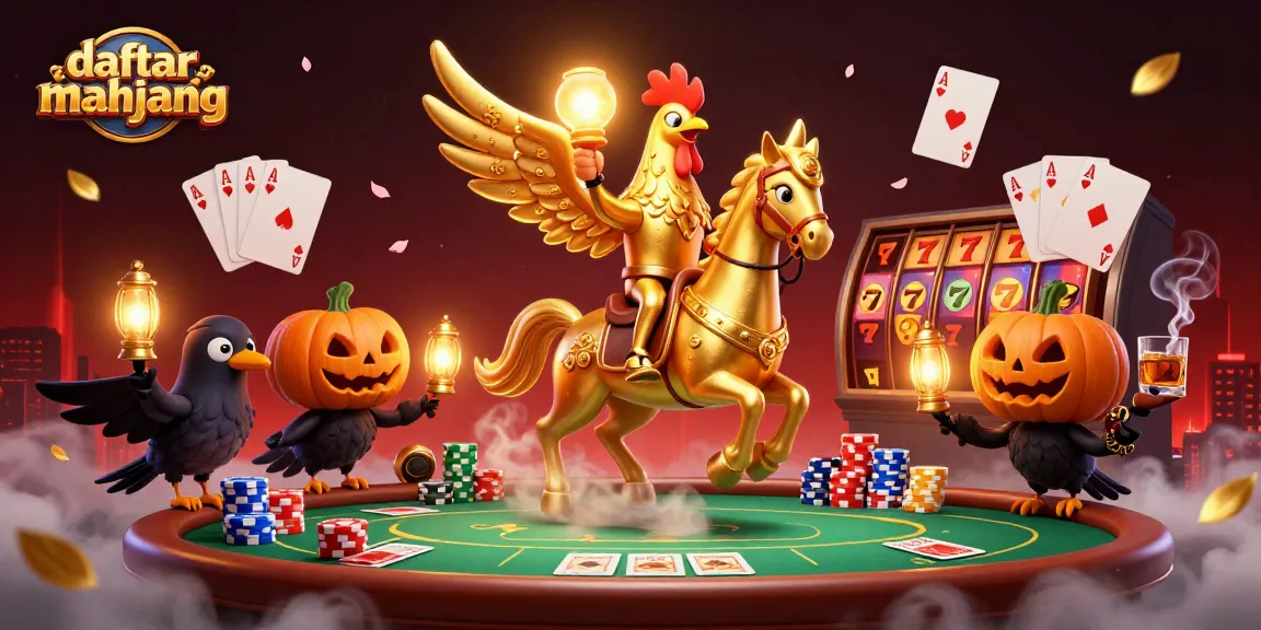 Engage with daftar mahjong in a vibrant casino scene featuring golden rooster and poker elements.