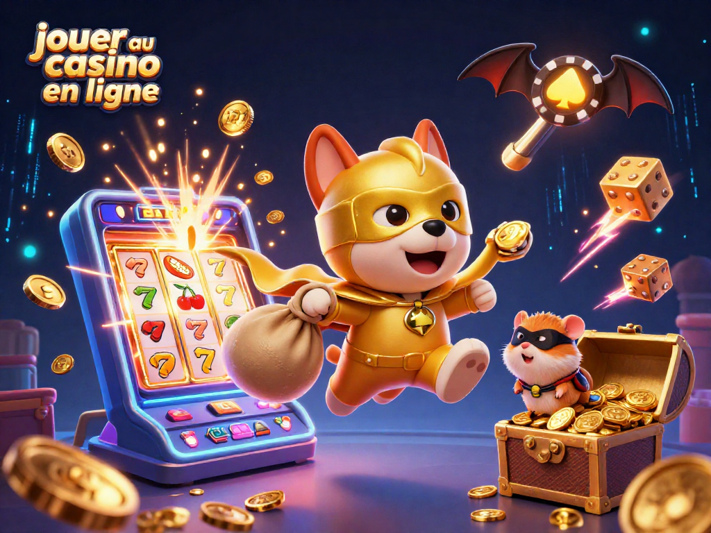 Jouer au casino en ligne avec un super-héros canin et un hamster, entourés de jeux et de gains.