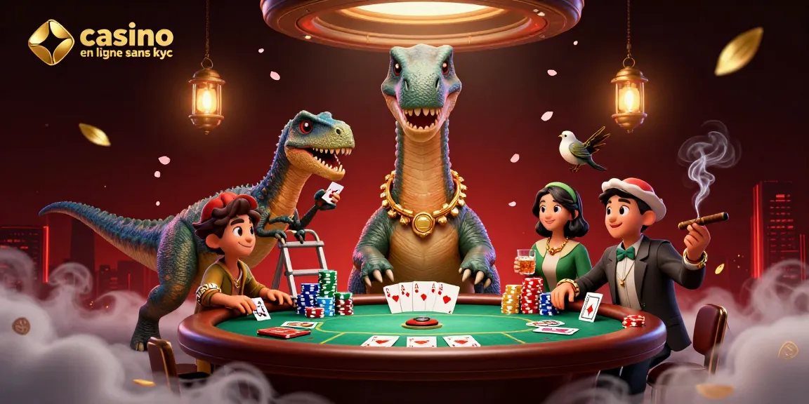Jouez dans un casino en ligne sans KYC avec un dinosaure conçu dans une scène de jeu animée.