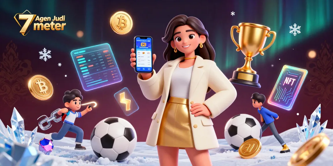 Agen Judi Bola 7meter showcases a betting app in a vibrant sports-themed scene with 3D coins and trophy elements.