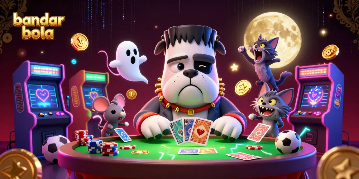 Experience the excitement of bandar bola with a 3D illustration featuring unique characters in a vibrant casino setting.