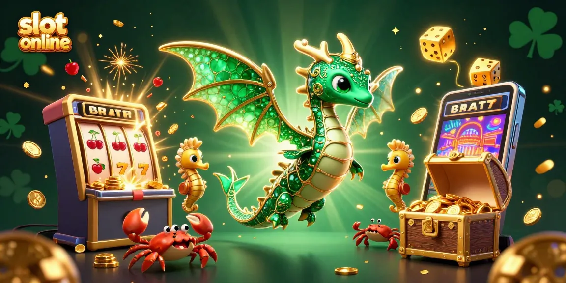 Mainkan slot online dengan ilustrasi naga laut 3D berkilau dan mesin slot penuh koin yang melimpah.