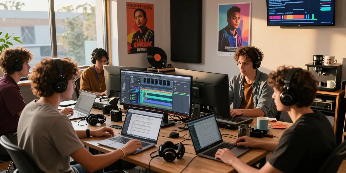 Email login for music artists showcased in a vibrant studio with musicians interacting.