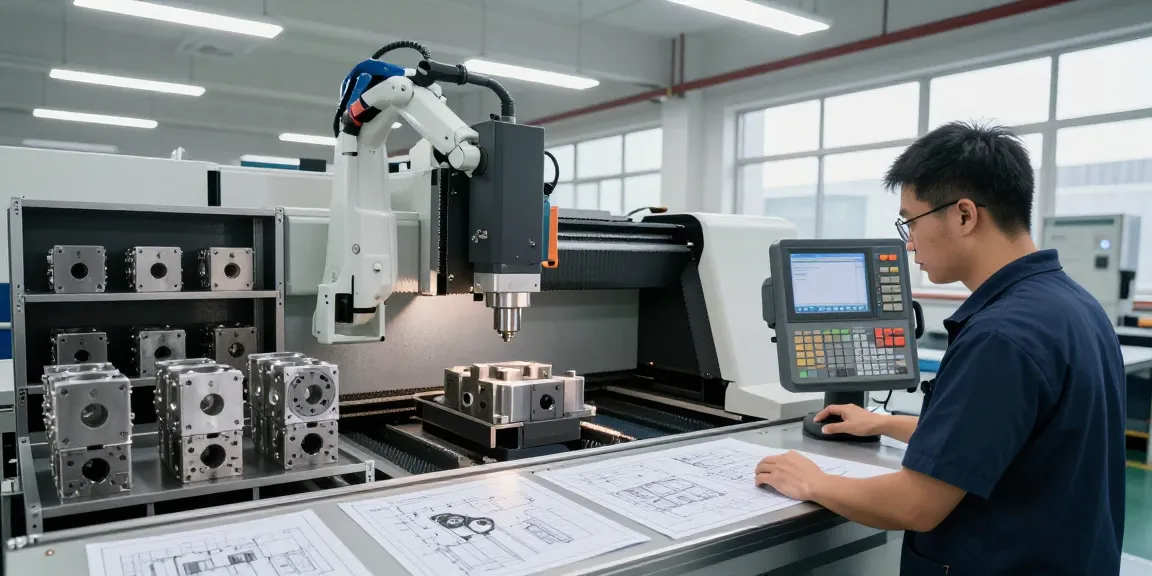 Mold manufacturing process showcasing skilled technician at CNC milling machine in a modern industrial facility.