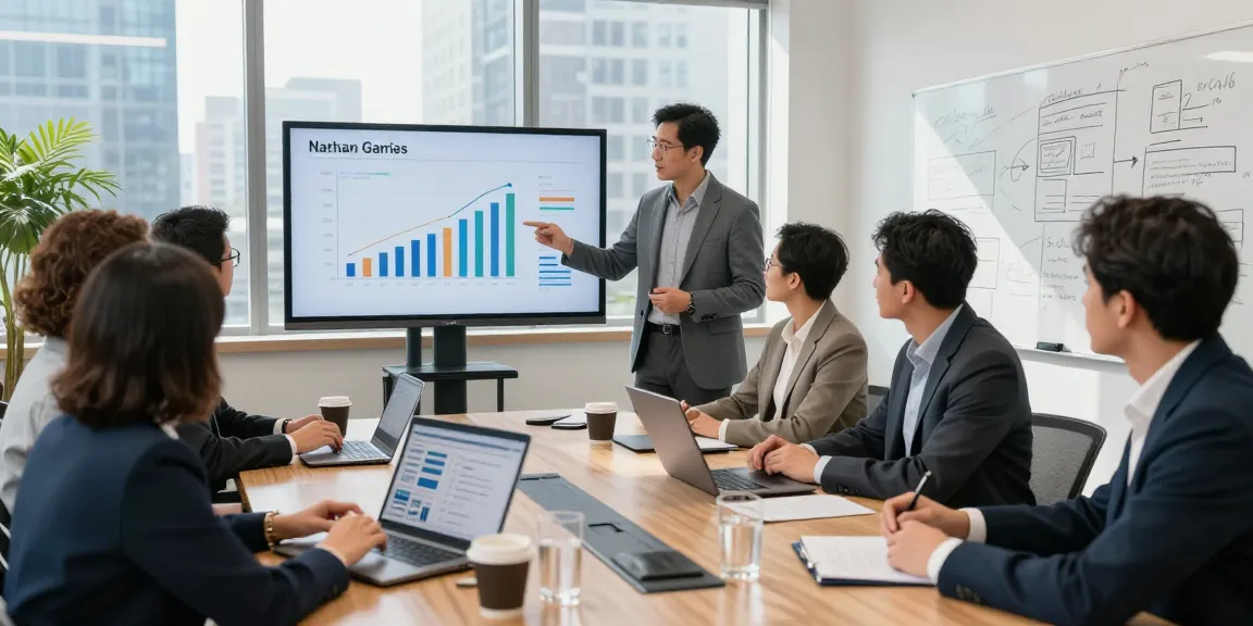 Nathan Garries leading a strategy session in a modern office with diverse team members and analytics.