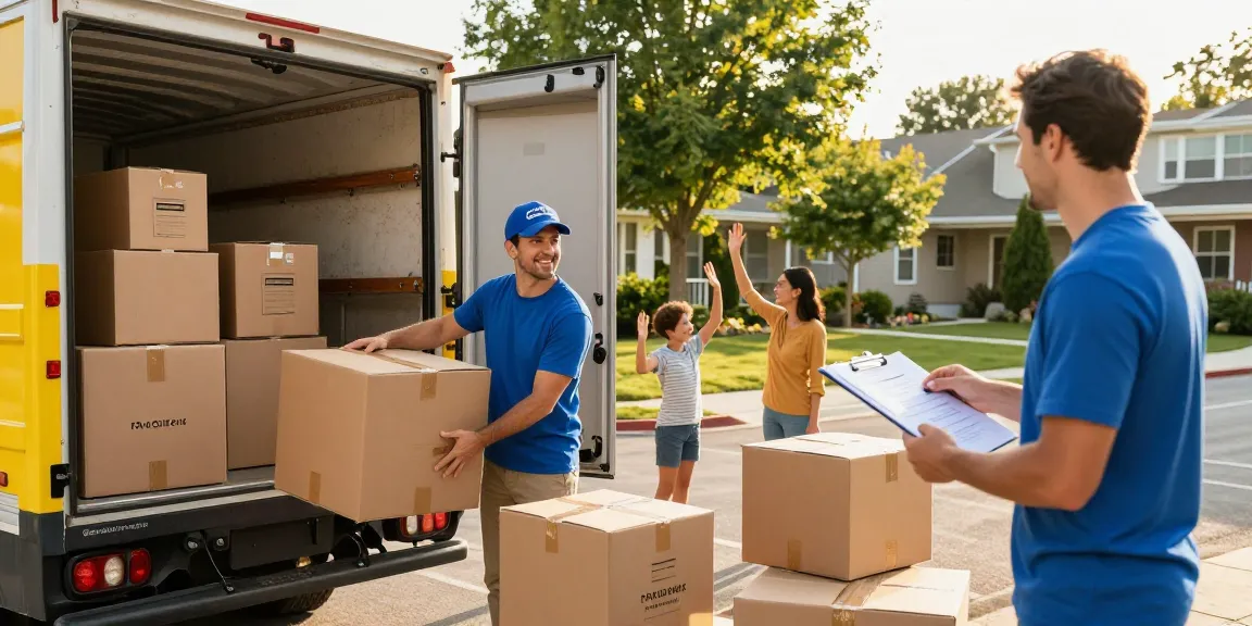 Packers And Movers in Near me loading boxes into a truck in a friendly urban neighborhood.