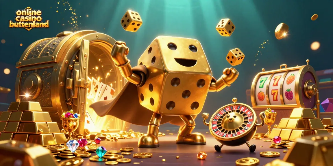 Engage with the thrilling world of online casino buitenland through this vibrant casino scene, featuring golden dice and a roulette ball.