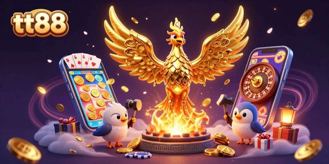 Experience exciting wins at tt88 with vibrant casino games and a golden phoenix symbolizing prosperity.