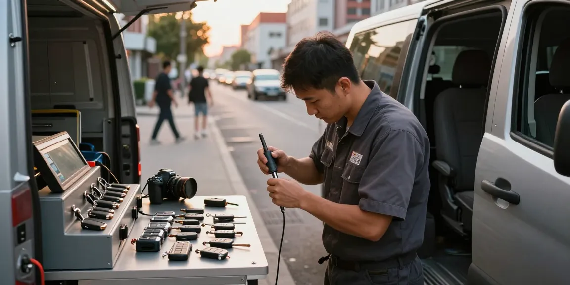 Autosleutel bijmaken by a professional locksmith in urban setting, showcasing tools and car keys.