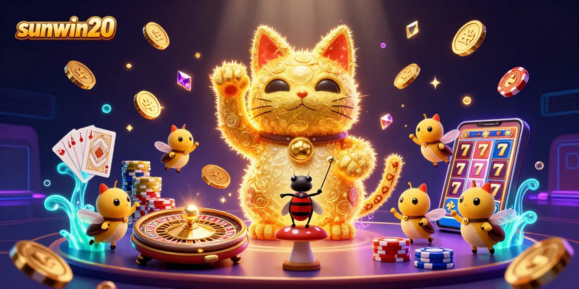 Win big with sunwin20, featuring a vibrant cartoon illustration of a lucky cat and casino elements.