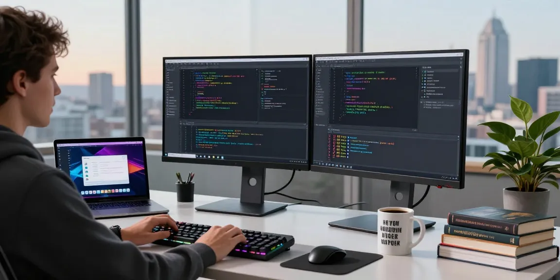 Developer coding on dual monitors in a tech workspace at teiegramin.com