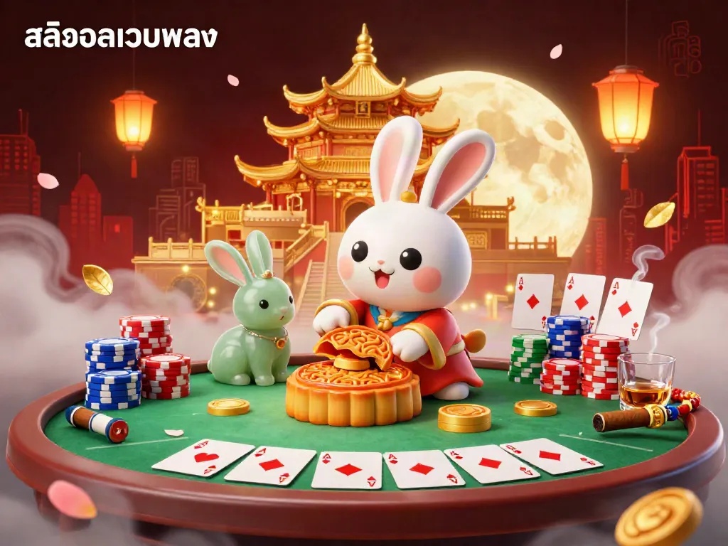 Experience the excitement of สล็อตเว็บตรง with a vibrant 3D scene featuring a moon rabbit and poker elements revealing treasures.