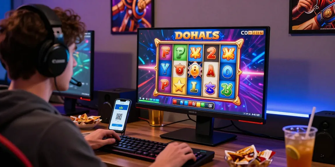 Exciting slot deposit 1k gaming scene with a player engaging in thrilling online slots during a cozy session.